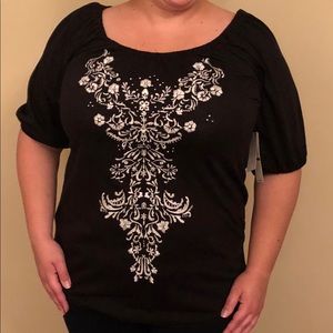 SALE! White on black embroidered top, NWT large